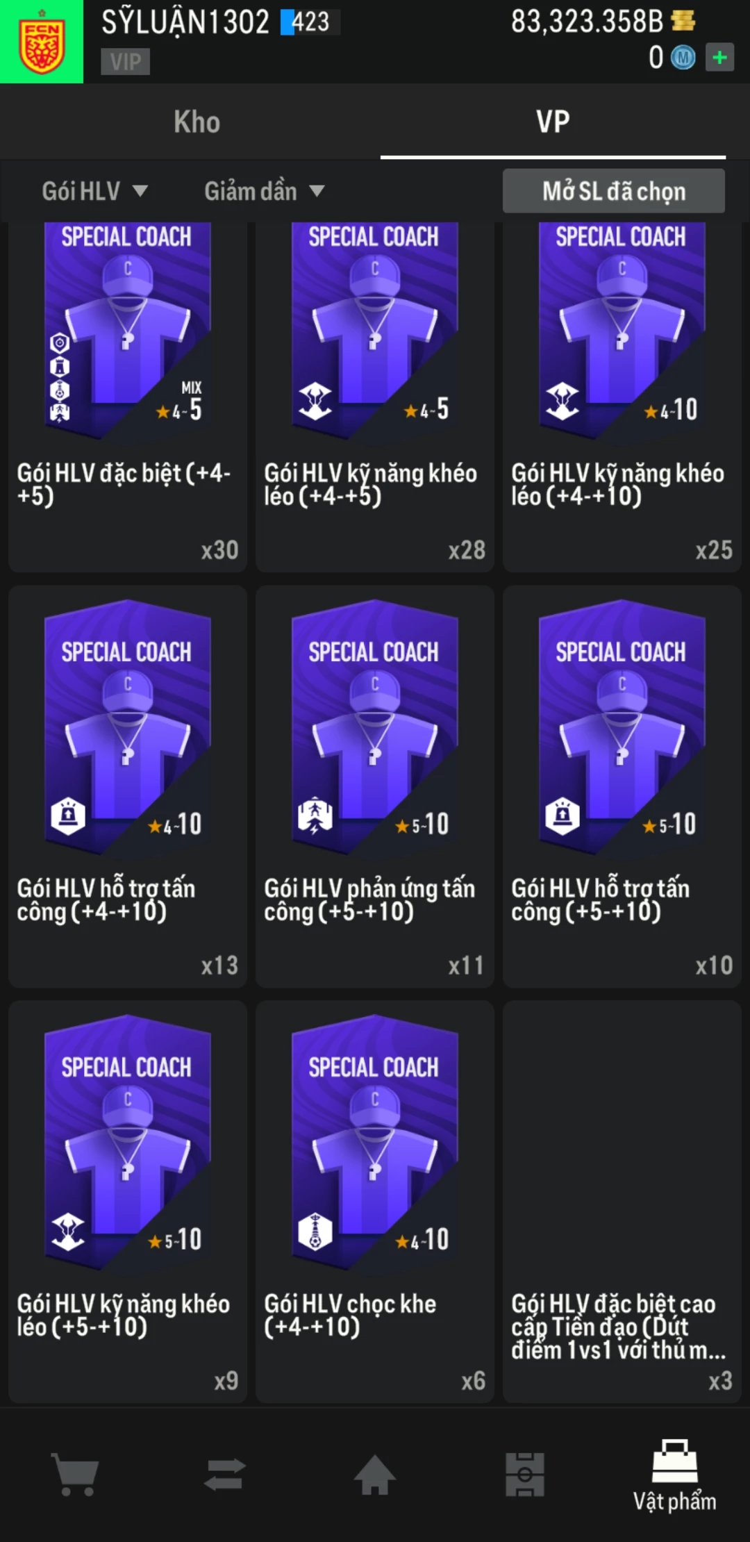 Ảnh ACC mở thẻ (LOẠI SVIP PROMAX) bao gồm có 01 thẻ +12, 03 thẻ PRIME (QH+, CP+, XS+) và hơn 1600+ đến 3500+ thẻ cầu thủ từ Siêu sao đến Miền núi các loại. Acc có sẵn BP trắng từ 55.000 tỷ BP đến 90.000 tỷ BP